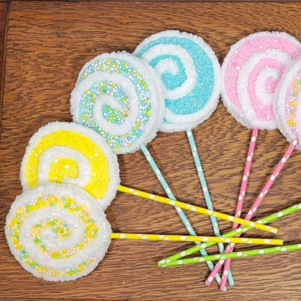 Bundle of 3 Yellow - Yarn Lollipops w/ Glitter/Mini Styrofoam Balls in Pastels